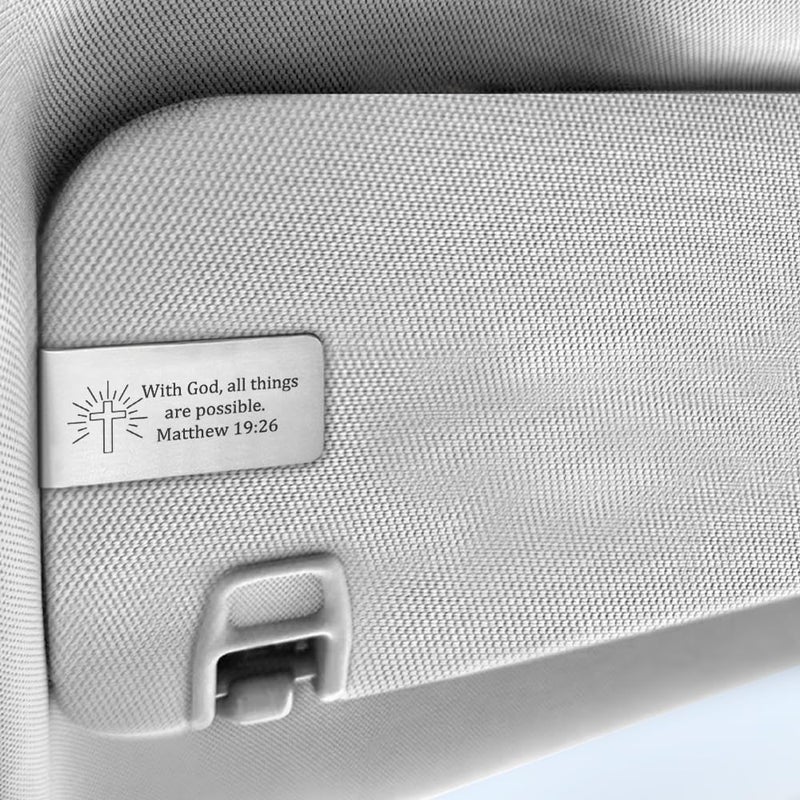 PUVOXHO with God All Things are Possible Engraved Stainless Steel Car Visor Clip, Travels Visor Car Accessories, Matthew 19:26, Driving Safety Prayer Religious Gifts for Family Friend - Image 3
